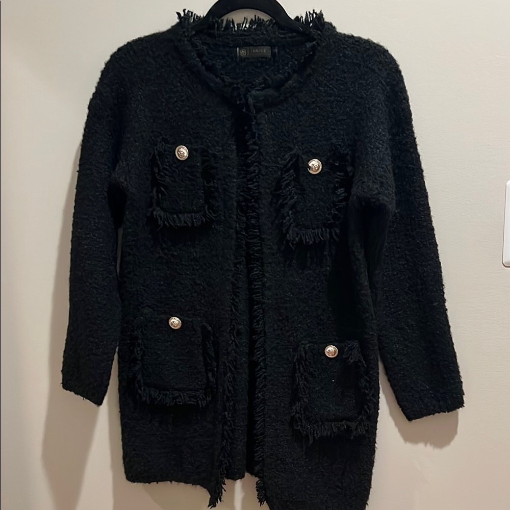 Black Textured Cardigan with Button Accents
